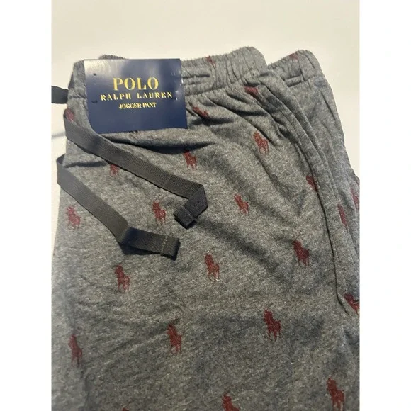 POLO RALPH LAUREN Pants Mens M-L Jogger Allover Pony Print Lounge Cotton Gray - Picture 2 of 5